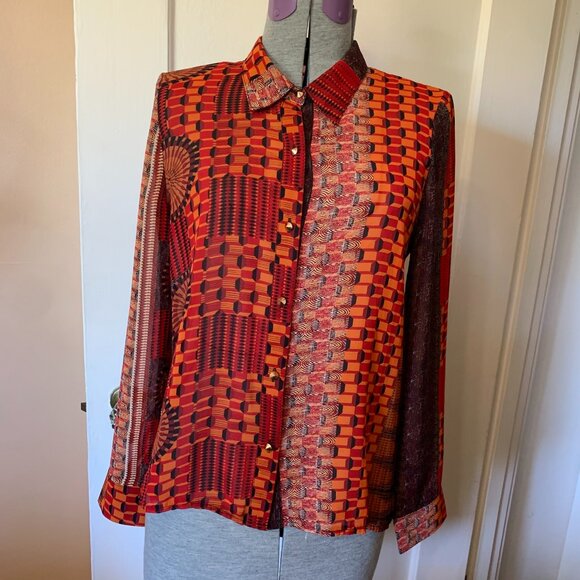 SANS SOUCI NWT Button Up Chiffon Blouse Orange Bold Tribal Print Gold Button - Picture 1 of 8